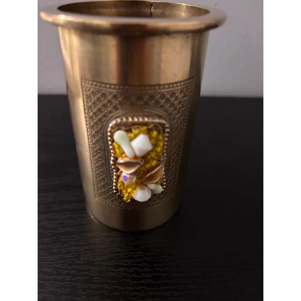 The Bombay Company Vintage Brass Jeweled Etched Cylinder Vase Pencil Pen‎ Holder